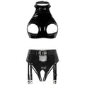 Womens Patent Leather Lingerie Set Wet Look Halter Open Bust Crop Tops with Open Crotch Garter Underwear Sexy Nightwear Clubwear