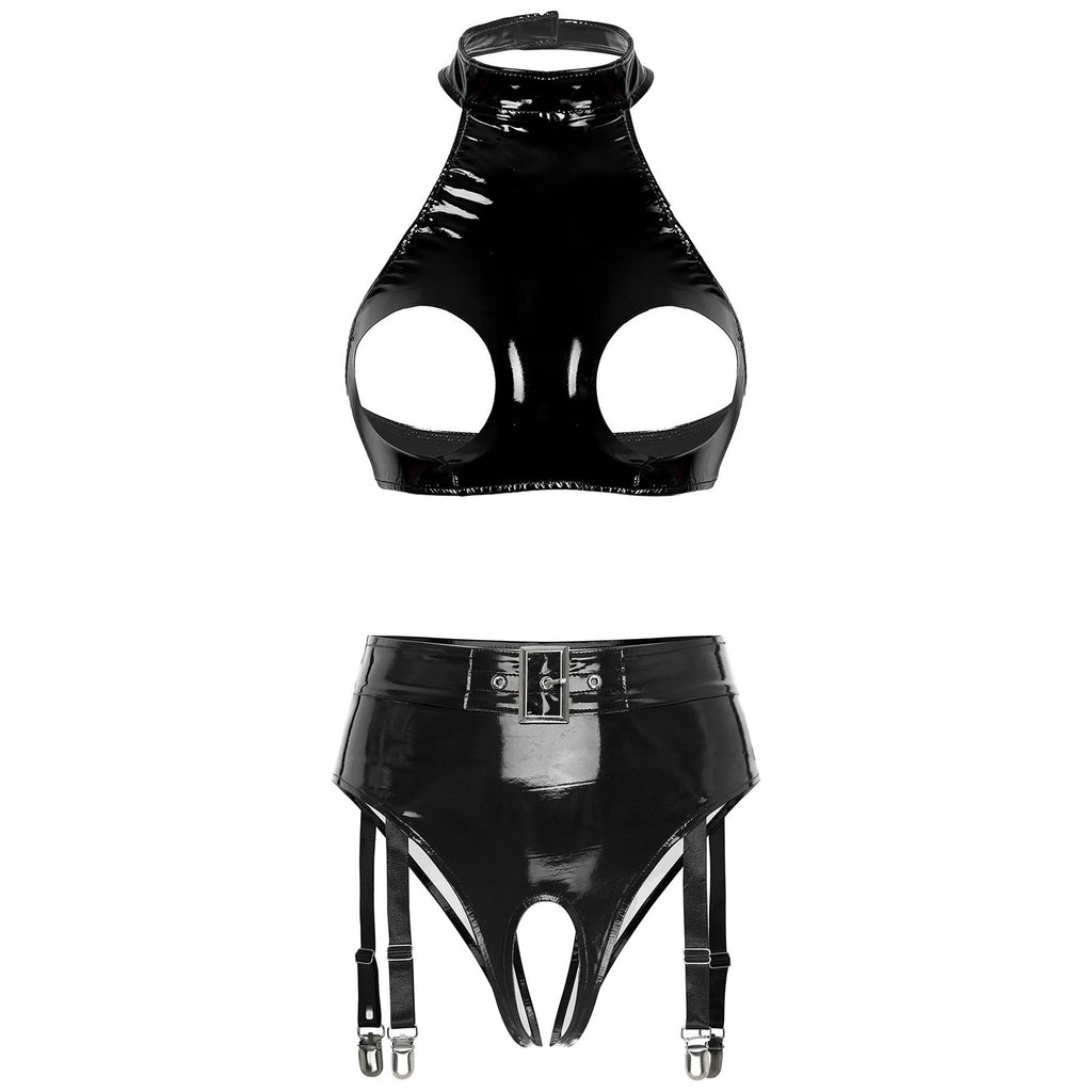 Womens Patent Leather Lingerie Set Wet Look Halter Open Bust Crop Tops with Open Crotch Garter Underwear Sexy Nightwear Clubwear