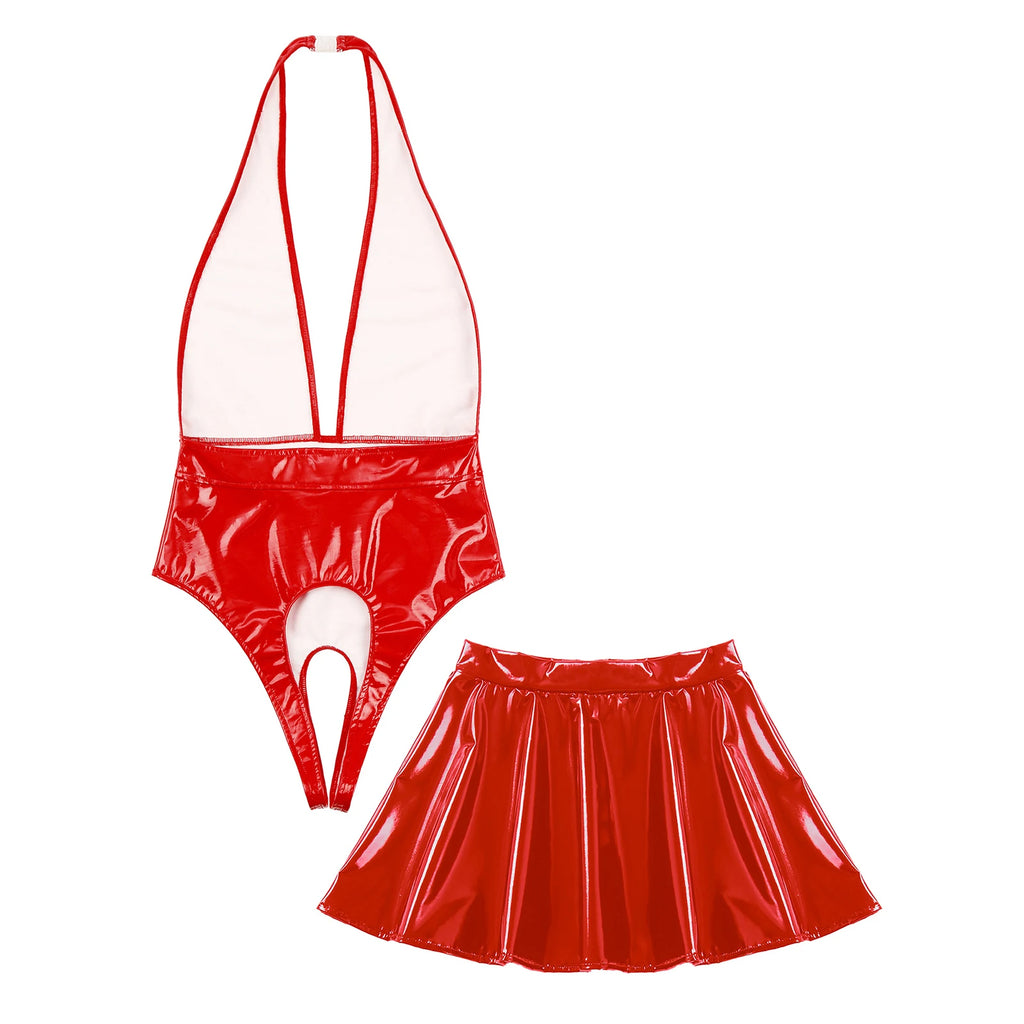 Sissy Women Leather Lingerie Set Halter Sleeveless Crotch Opening Bodysuit with Mini Skirt Set for Lingerie Tempting Nightwear