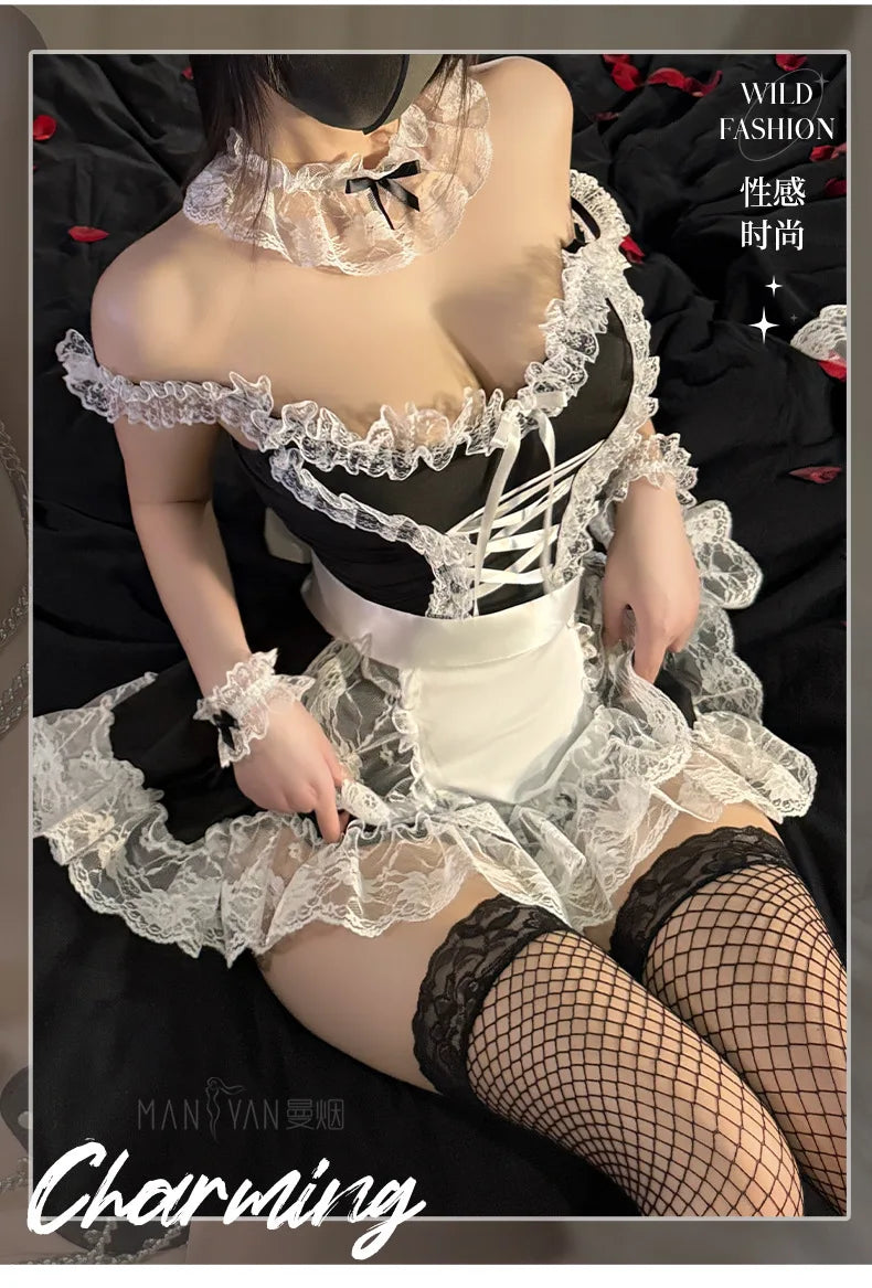 Japanese Lace Anime Cosplay Costume High Quality Black White Maid Outfit Apron Dress Cute Sexy Lingerie Couple Games Sex Uniform