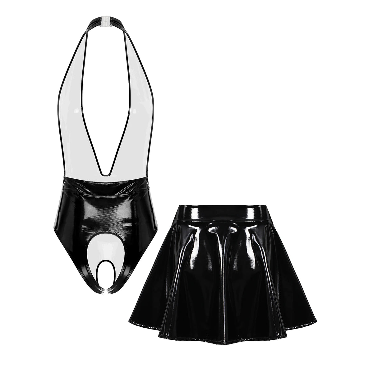 Sissy Women Leather Lingerie Set Halter Sleeveless Crotch Opening Bodysuit with Mini Skirt Set for Lingerie Tempting Nightwear