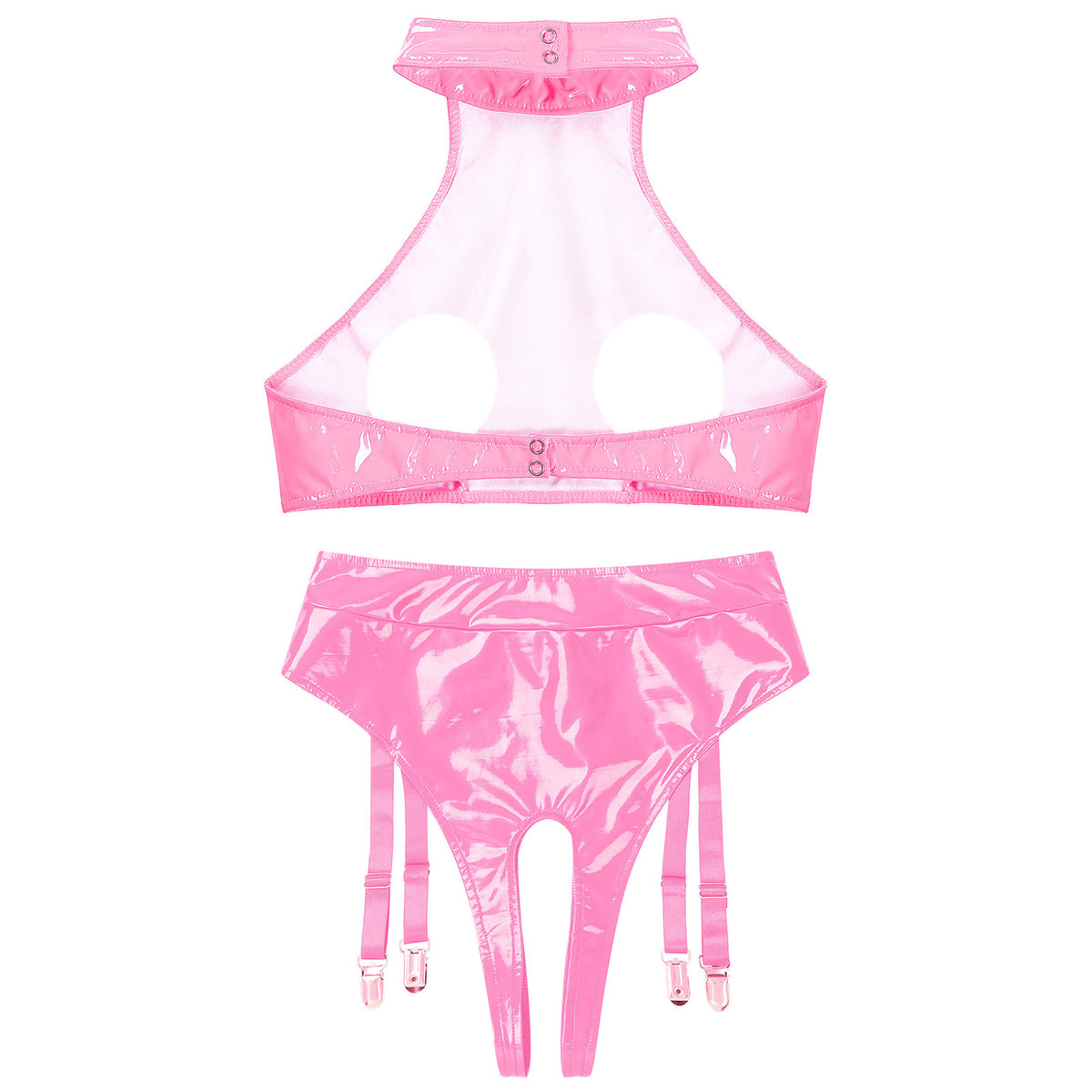 Womens Patent Leather Lingerie Set Wet Look Halter Open Bust Crop Tops with Open Crotch Garter Underwear Sexy Nightwear Clubwear