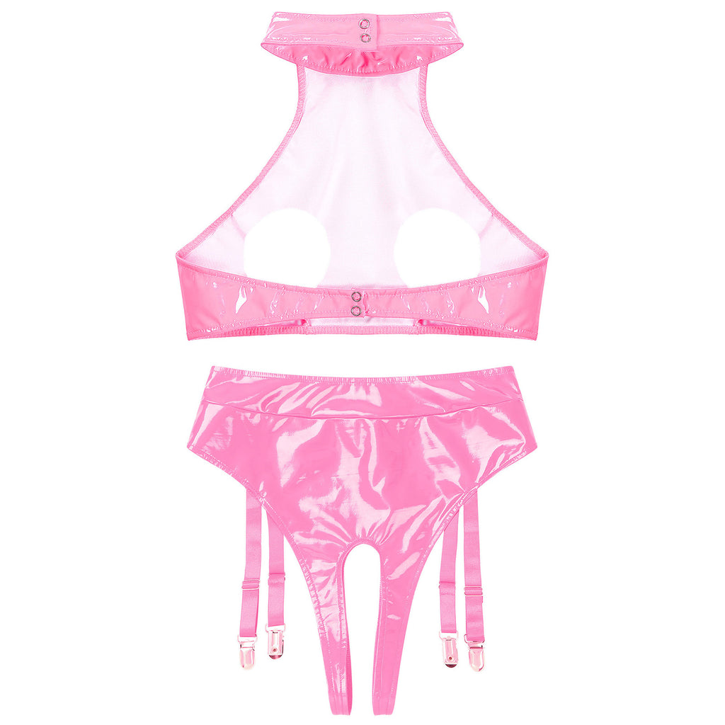 Womens Patent Leather Lingerie Set Wet Look Halter Open Bust Crop Tops with Open Crotch Garter Underwear Sexy Nightwear Clubwear