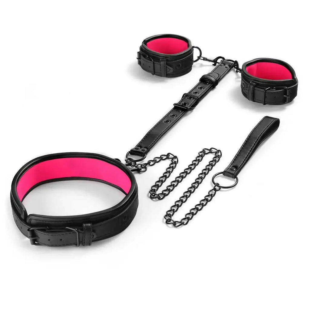 Neck to Wrist BDSM Bondage Sex Restraints Kit Couples Sex Toys Bondage Set With Chain Leash Back Handcuff Collar Slave Role Play