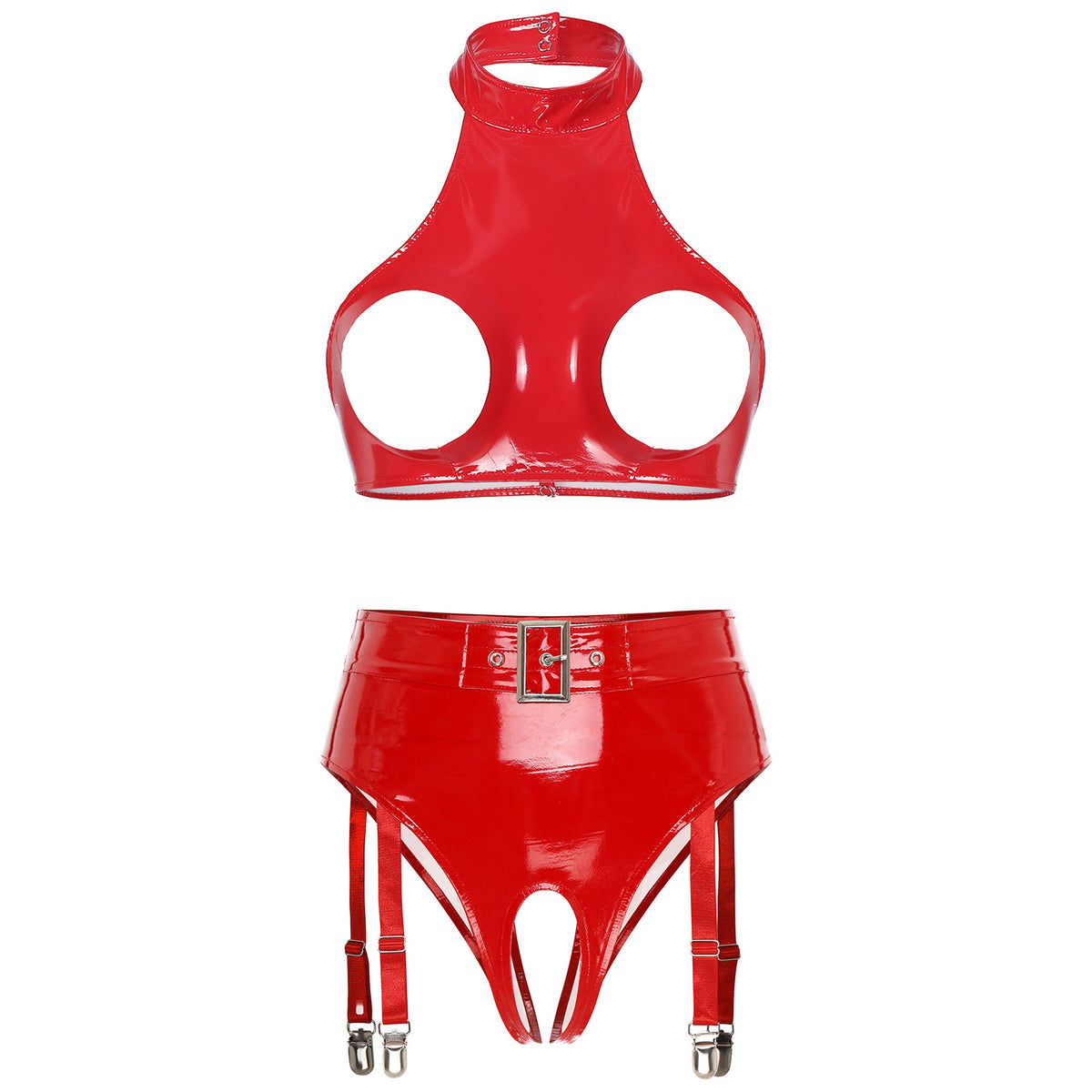 Womens Patent Leather Lingerie Set Wet Look Halter Open Bust Crop Tops with Open Crotch Garter Underwear Sexy Nightwear Clubwear