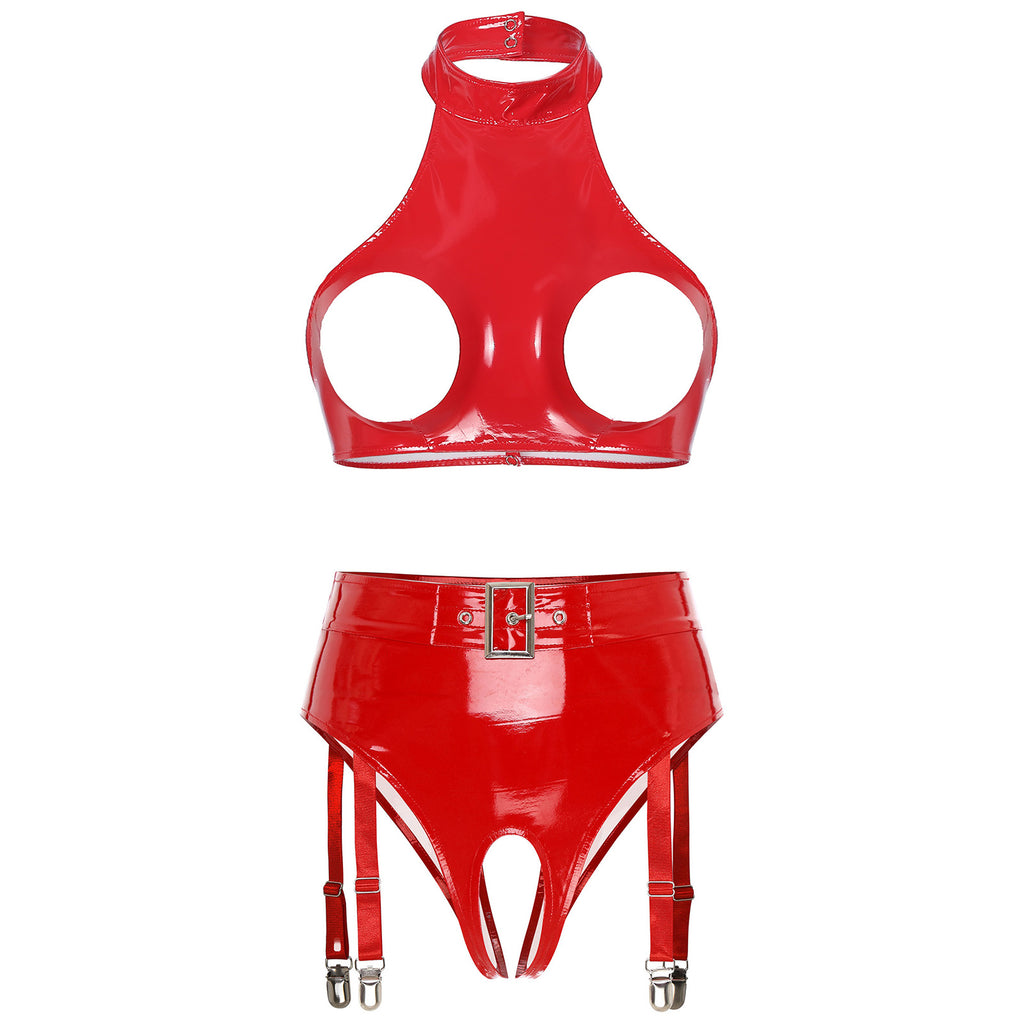 Womens Patent Leather Lingerie Set Wet Look Halter Open Bust Crop Tops with Open Crotch Garter Underwear Sexy Nightwear Clubwear