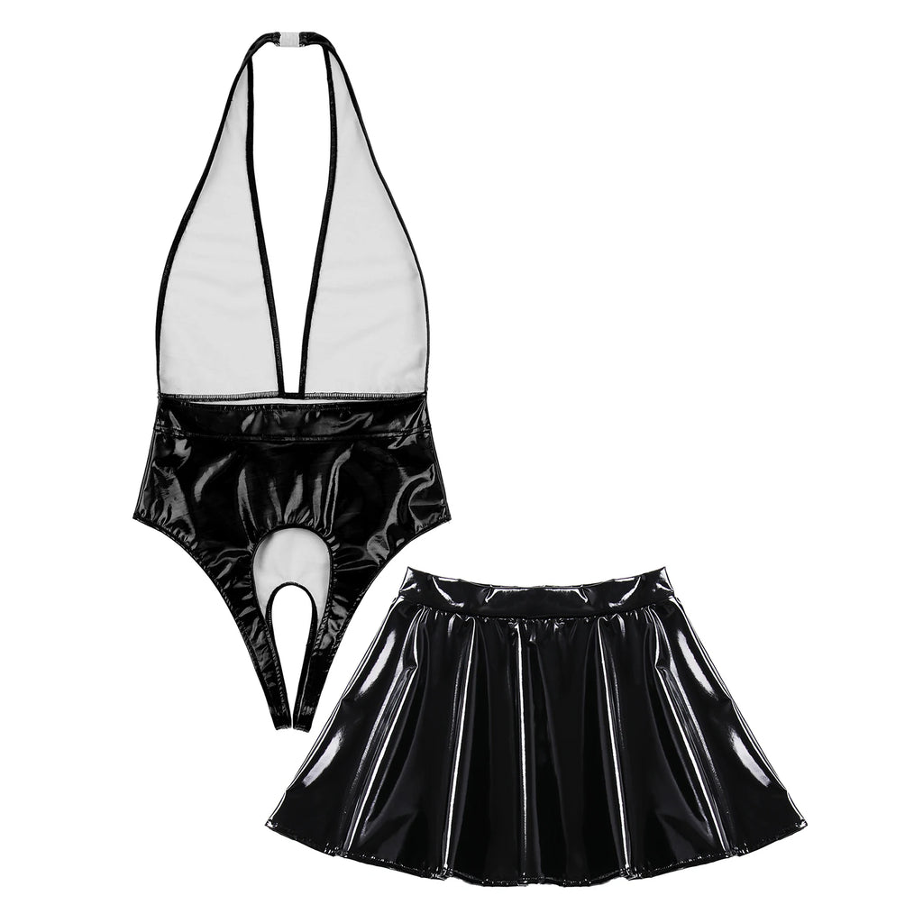Sissy Women Leather Lingerie Set Halter Sleeveless Crotch Opening Bodysuit with Mini Skirt Set for Lingerie Tempting Nightwear