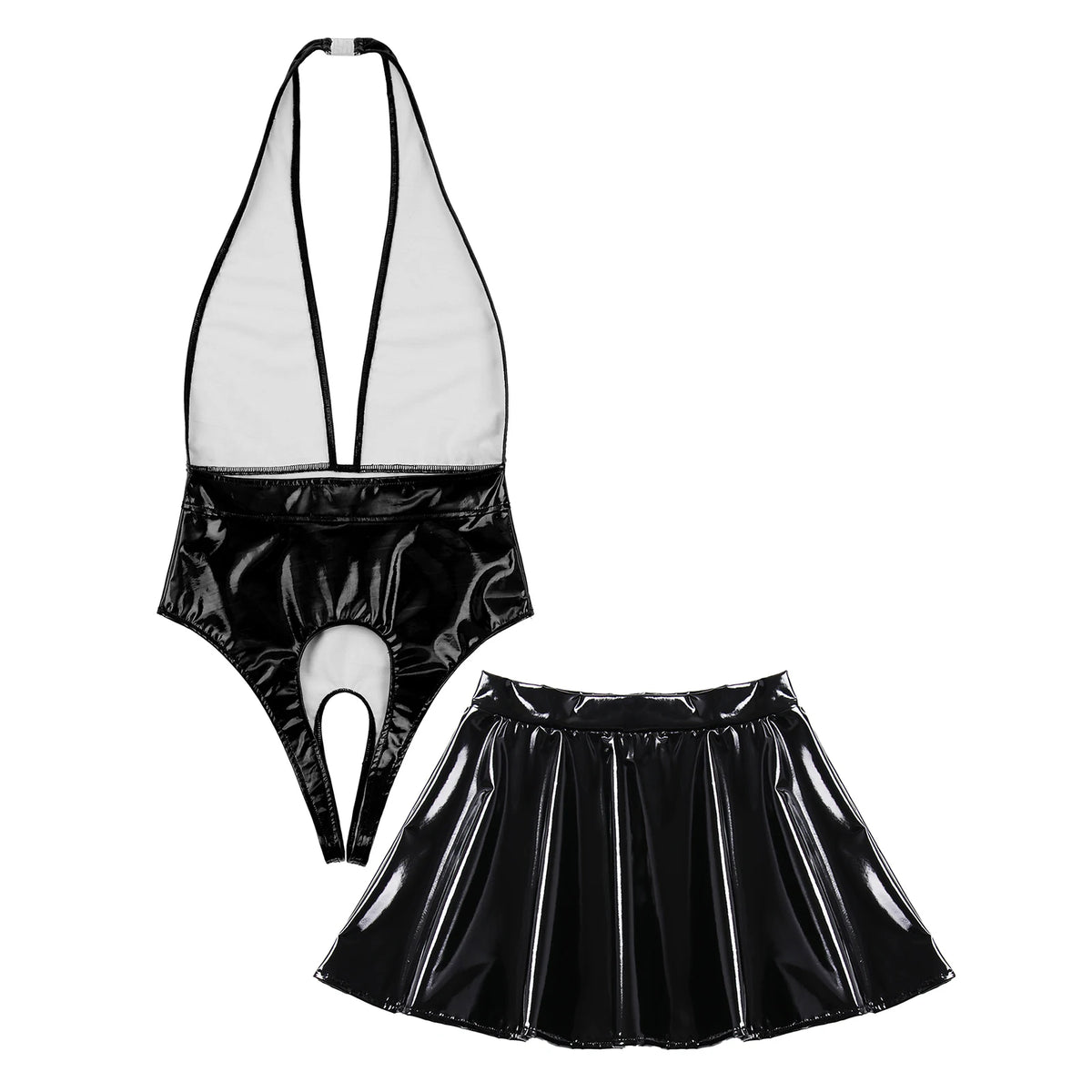 Sissy Women Leather Lingerie Set Halter Sleeveless Crotch Opening Bodysuit with Mini Skirt Set for Lingerie Tempting Nightwear
