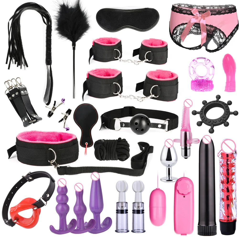 Erotic Sex Toys For Women Adults Games Nylon Bondage BDSM Kits Handcuffs Sex Whip Mouth Gag Rabbit Tail Anal Plug