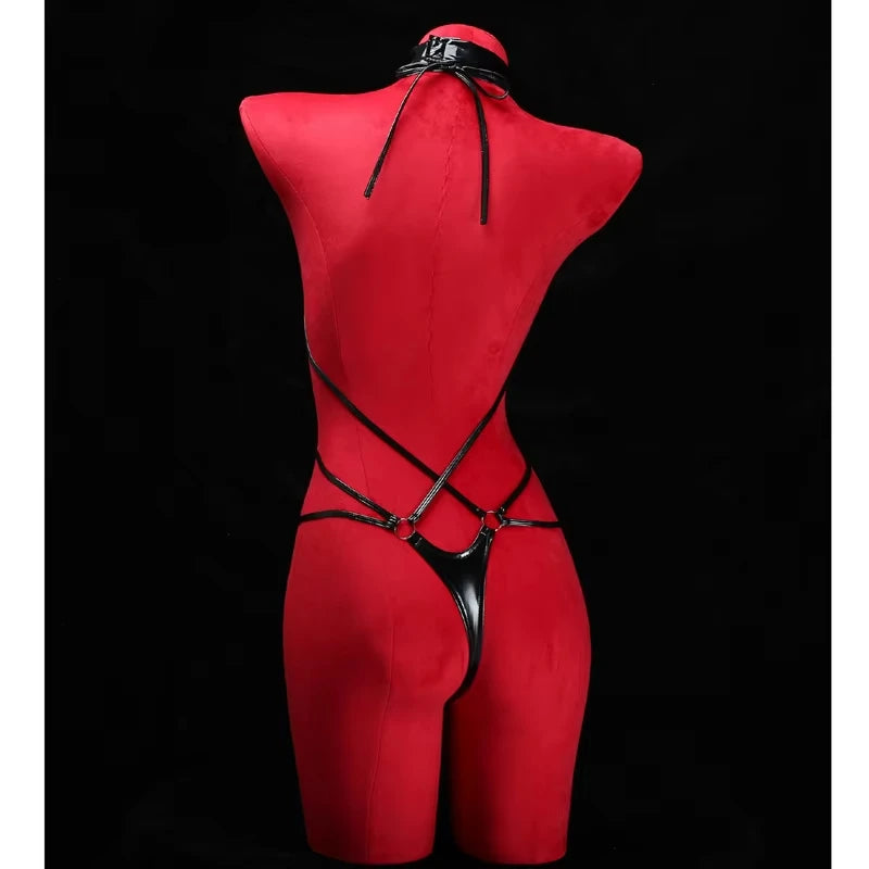 Anime Cosplay Girls Halter Leather Swimsuit Cross Straps Bandage Jumpsuit Bodysuit Lingerie Costumes Hollow Out Pajamas cosplay