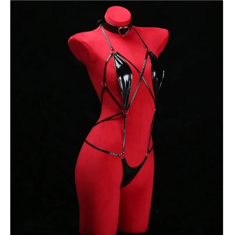 Anime Cosplay Girls Halter Leather Swimsuit Cross Straps Bandage Jumpsuit Bodysuit Lingerie Costumes Hollow Out Pajamas
