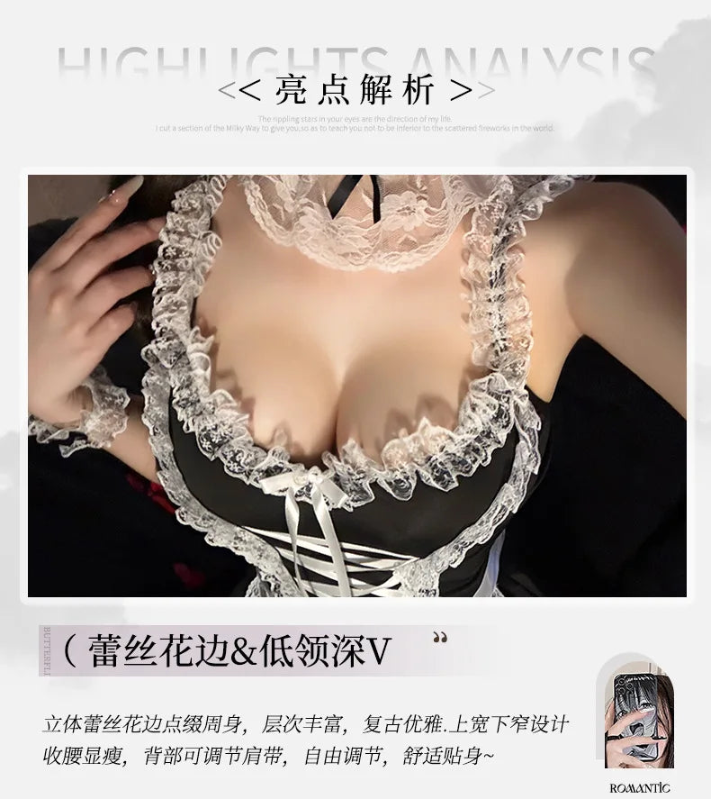 Japanese Lace Anime Cosplay Costume High Quality Black White Maid Outfit Apron Dress Cute Sexy Lingerie Couple Games Sex Uniform
