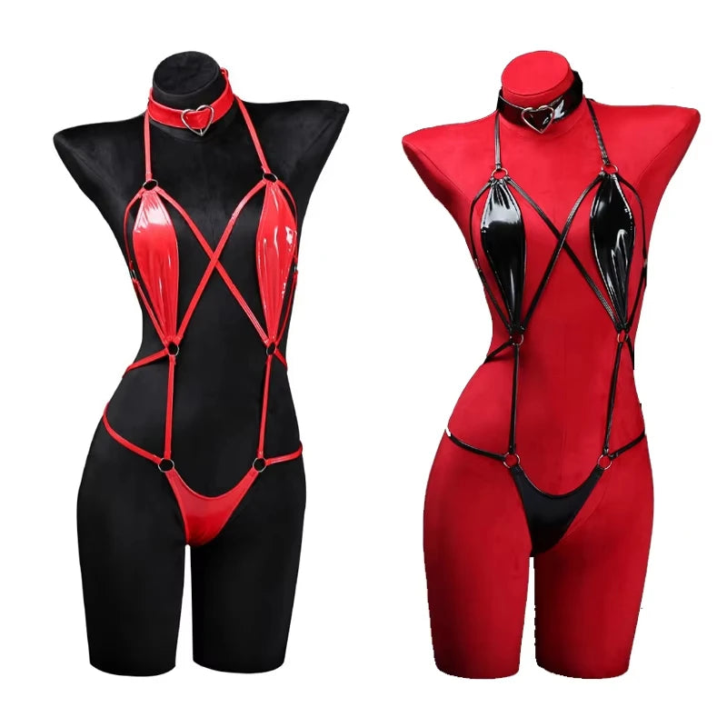 Anime Cosplay Girls Halter Leather Swimsuit Cross Straps Bandage Jumpsuit Bodysuit Lingerie Costumes Hollow Out Pajamas cosplay