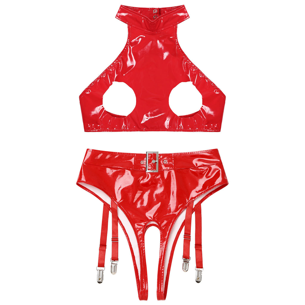 Womens Patent Leather Lingerie Set Wet Look Halter Open Bust Crop Tops with Open Crotch Garter Underwear Sexy Nightwear Clubwear