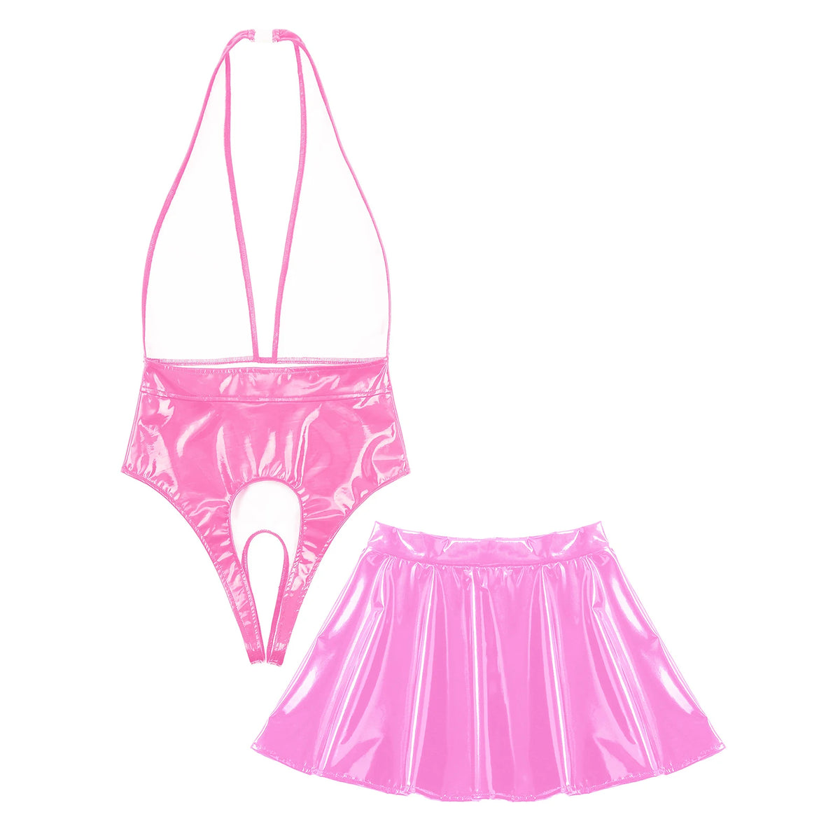 Sissy Women Leather Lingerie Set Halter Sleeveless Crotch Opening Bodysuit with Mini Skirt Set for Lingerie Tempting Nightwear