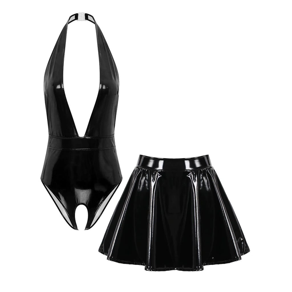 Sissy Women Leather Lingerie Set Halter Sleeveless Crotch Opening Bodysuit with Mini Skirt Set for Lingerie Tempting Nightwear