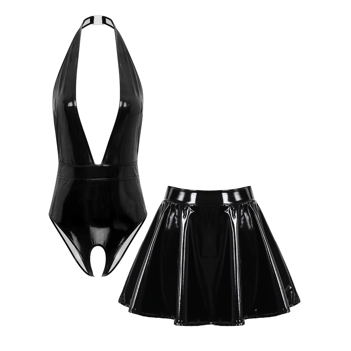 Sissy Women Leather Lingerie Set Halter Sleeveless Crotch Opening Bodysuit with Mini Skirt Set for Lingerie Tempting Nightwear
