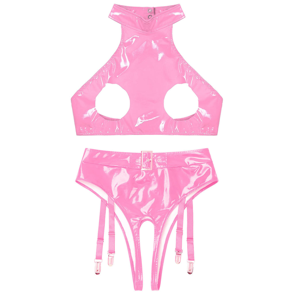 Womens Patent Leather Lingerie Set Wet Look Halter Open Bust Crop Tops with Open Crotch Garter Underwear Sexy Nightwear Clubwear