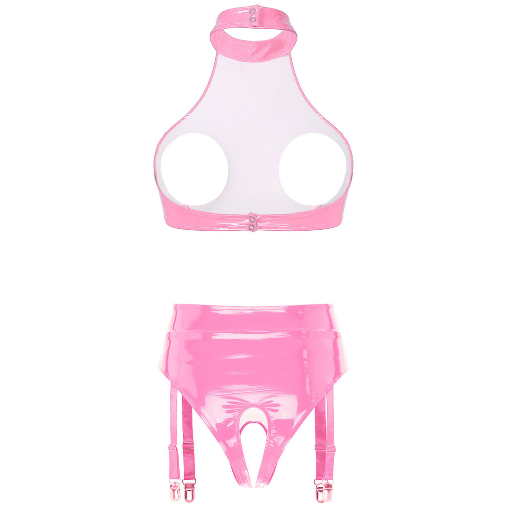 Womens Patent Leather Lingerie Set Wet Look Halter Open Bust Crop Tops with Open Crotch Garter Underwear Sexy Nightwear Clubwear