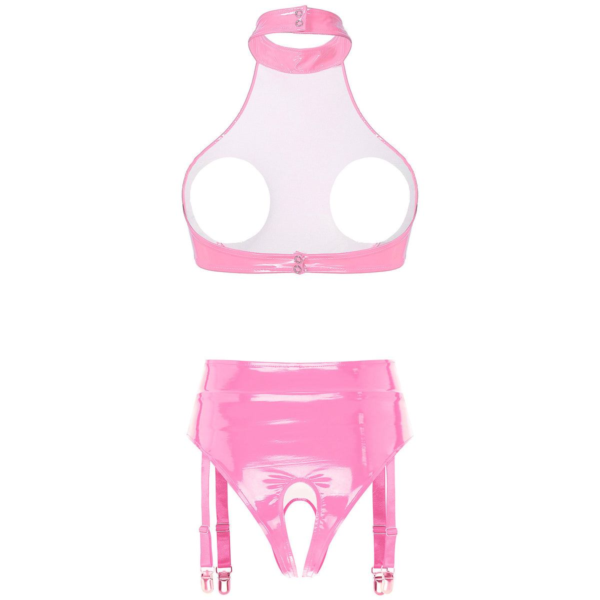 Womens Patent Leather Lingerie Set Wet Look Halter Open Bust Crop Tops with Open Crotch Garter Underwear Sexy Nightwear Clubwear