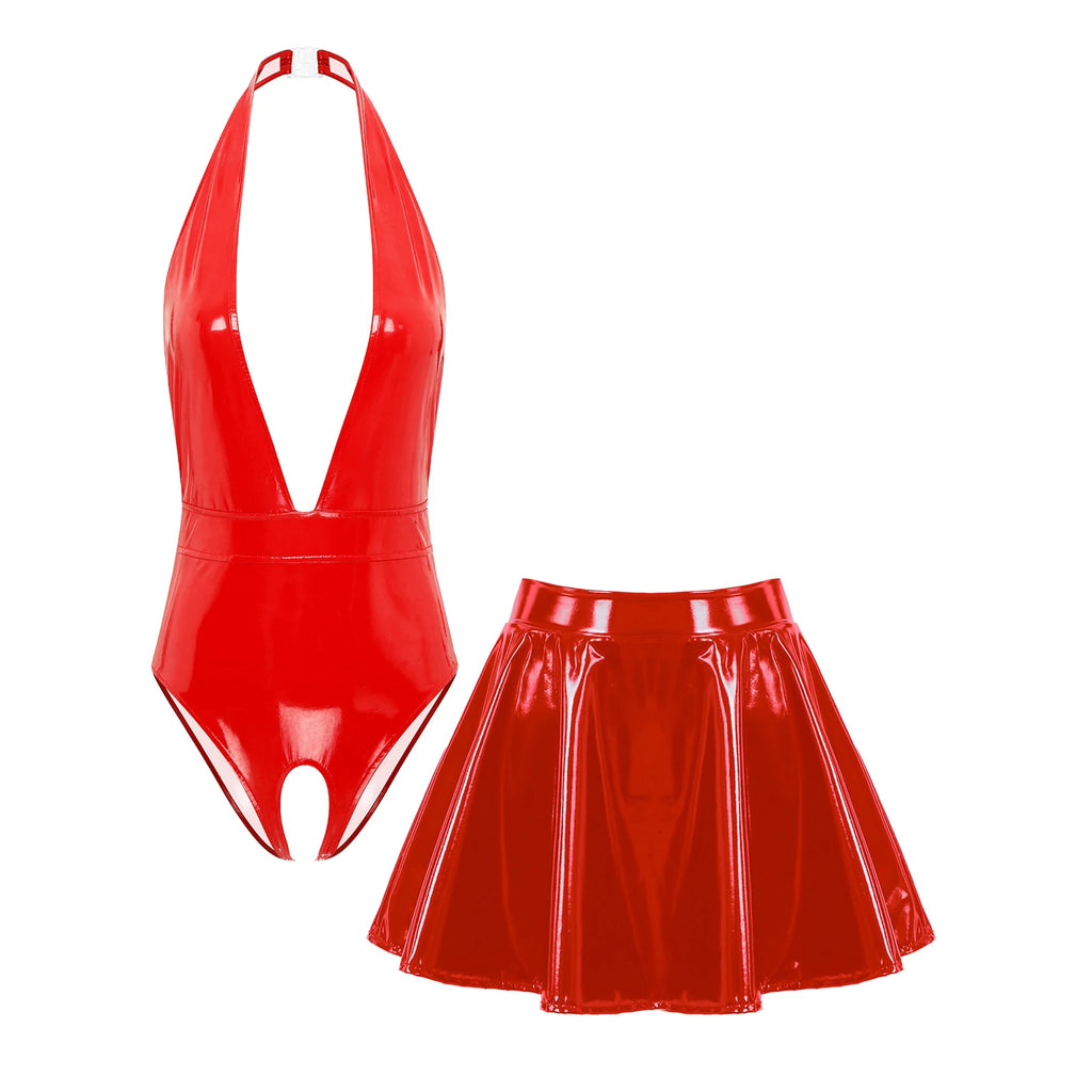 Sissy Women Leather Lingerie Set Halter Sleeveless Crotch Opening Bodysuit with Mini Skirt Set for Lingerie Tempting Nightwear