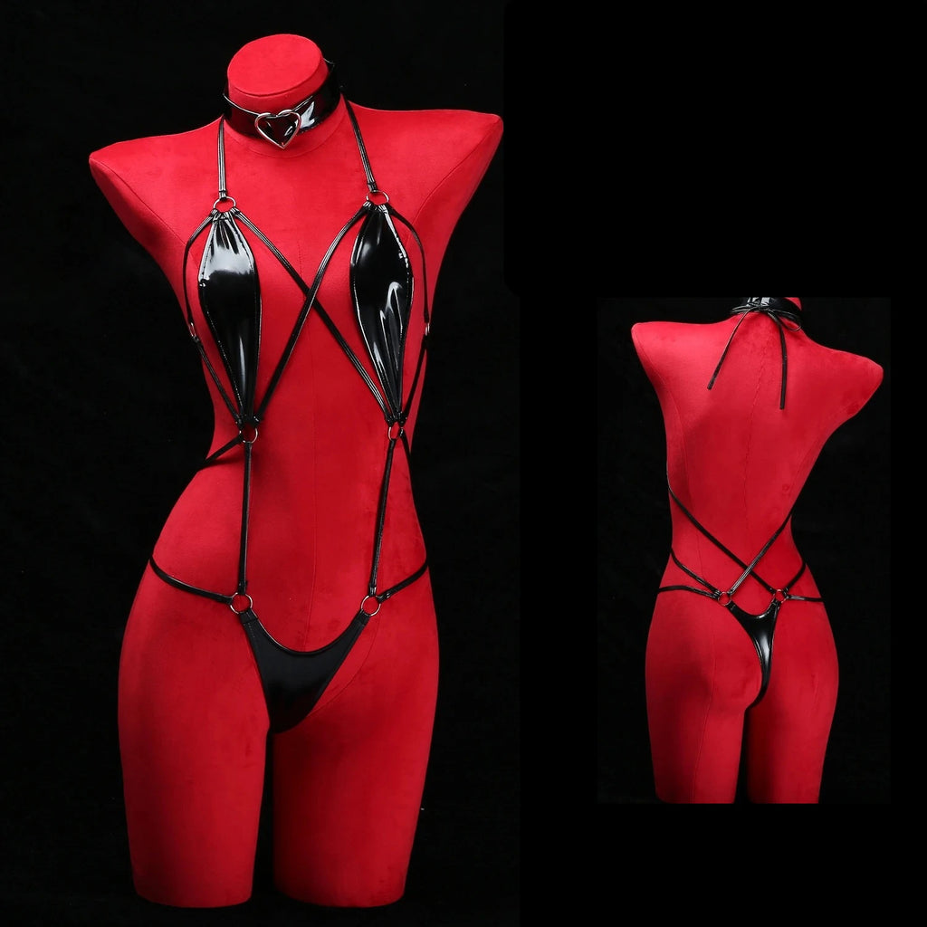 Black Patent Leather Strappy Bodysuit Sexy Crotchless Jumpsuit Harness Choker Wet Teddy Fetish Erotic Role Lingerie Set Hot New