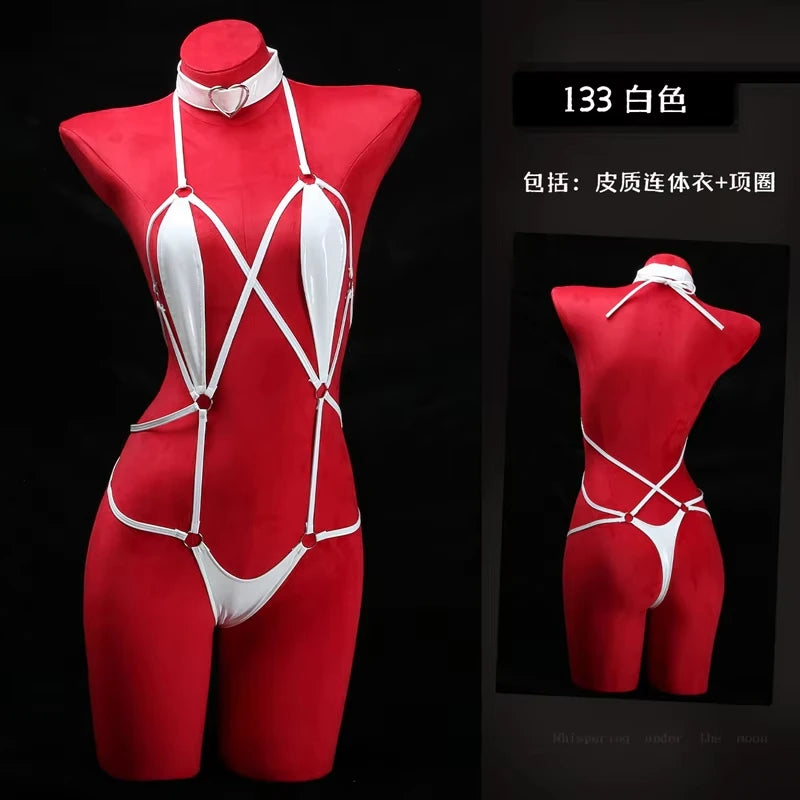 Anime Cosplay Girls Halter Leather Swimsuit Cross Straps Bandage Jumpsuit Bodysuit Lingerie Costumes Hollow Out Pajamas cosplay
