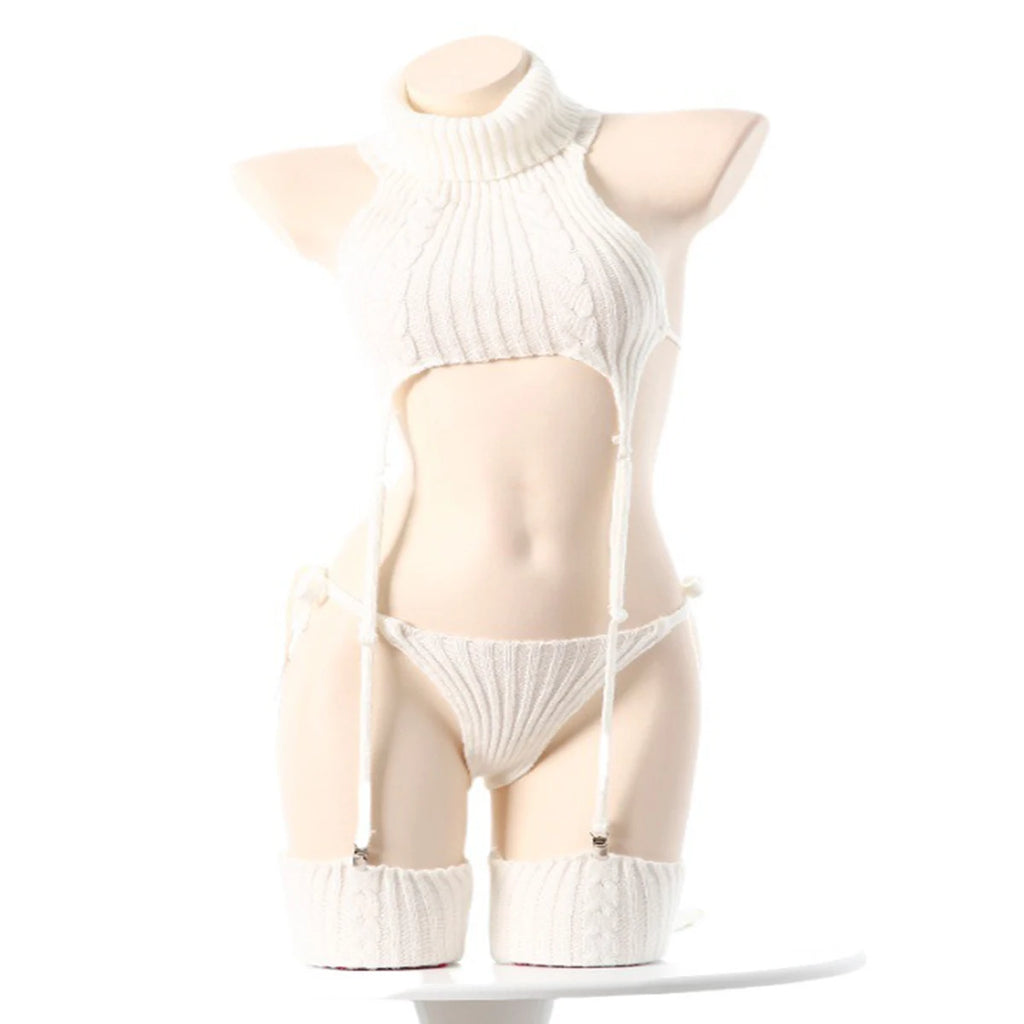 Women's Knitted Turtleneck Lingerie Set Sexy Hollow Out Bodysuit with Long Gloves and Thigh High Socks Role Play Nightwear