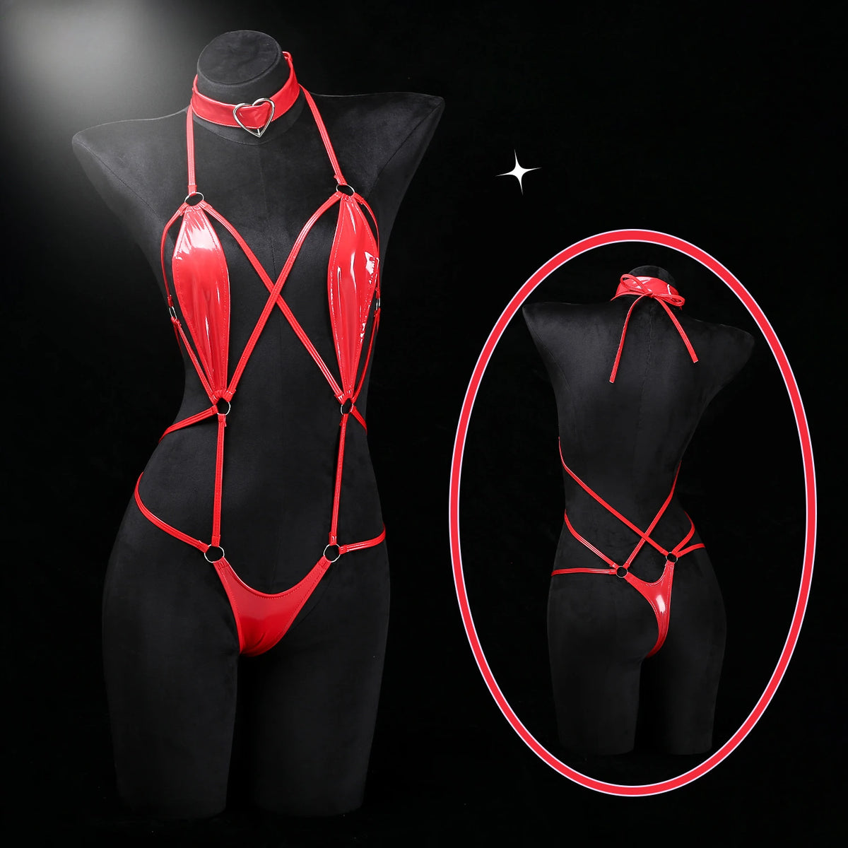 Black Patent Leather Strappy Bodysuit Sexy Crotchless Jumpsuit Harness Choker Wet Teddy Fetish Erotic Role Lingerie Set Hot New