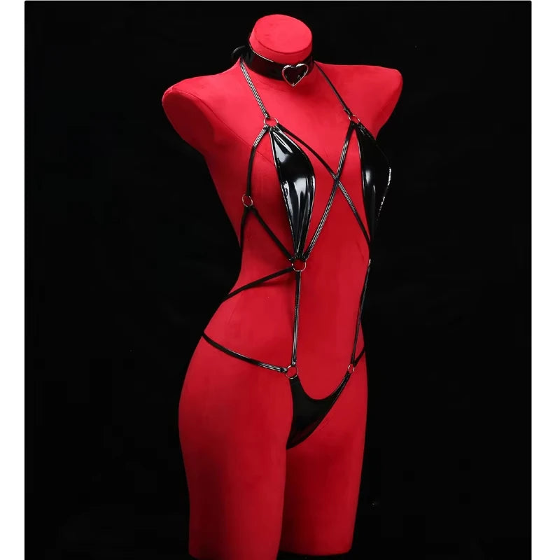 Anime Cosplay Girls Halter Leather Swimsuit Cross Straps Bandage Jumpsuit Bodysuit Lingerie Costumes Hollow Out Pajamas cosplay