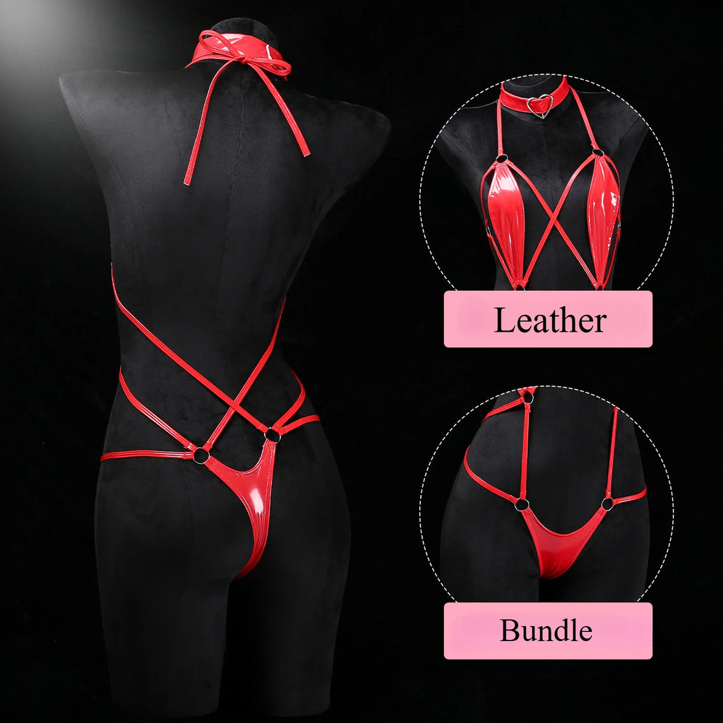 Black Patent Leather Strappy Bodysuit Sexy Crotchless Jumpsuit Harness Choker Wet Teddy Fetish Erotic Role Lingerie Set Hot New