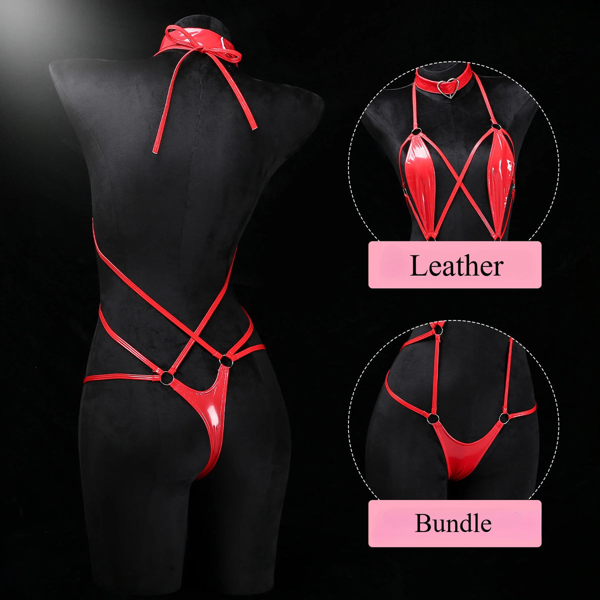 Black Patent Leather Strappy Bodysuit Sexy Crotchless Jumpsuit Harness Choker Wet Teddy Fetish Erotic Role Lingerie Set Hot New