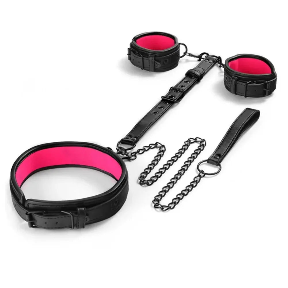 Neck to Wrist BDSM Bondage Sex Restraints Kit Couples Sex Toys Bondage Set With Chain Leash Back Handcuff Collar Slave Role Play