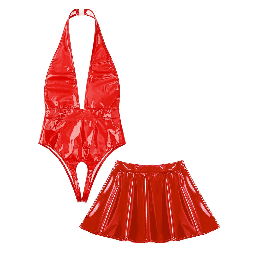 Sissy Women Leather Lingerie Set Halter Sleeveless Crotch Opening Bodysuit with Mini Skirt Set for Lingerie Tempting Nightwear