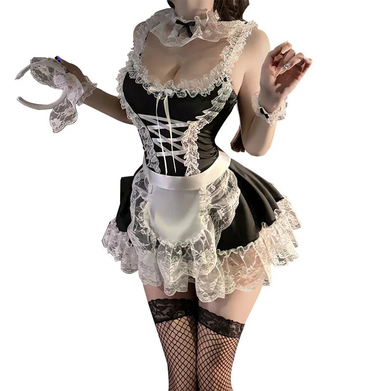 Japanese Lace Anime Cosplay Costume High Quality Black White Maid Outfit Apron Dress Cute Sexy Lingerie Couple Games Sex Uniform
