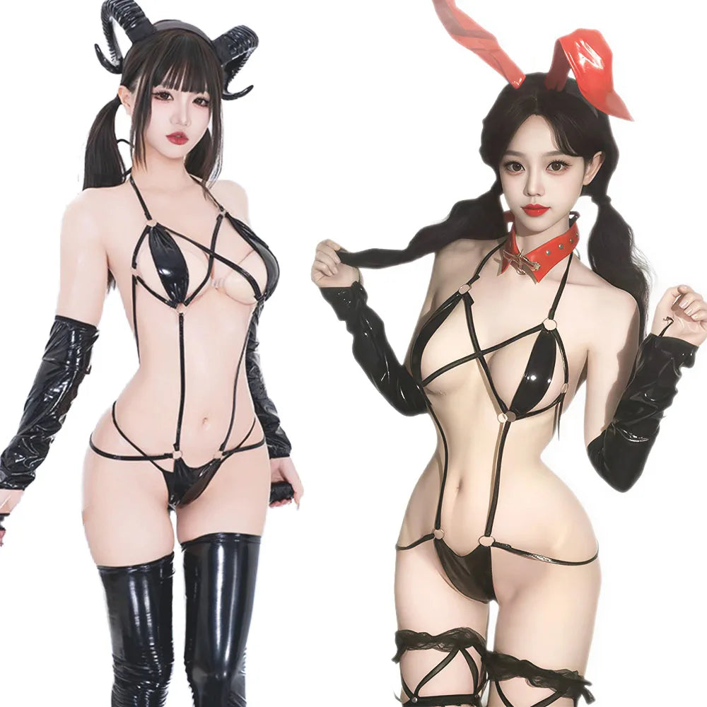 Bunny/Devil Demon Sexy Cosplay Strappy Harness Bodysuit Faux Leather Roleplay Costume