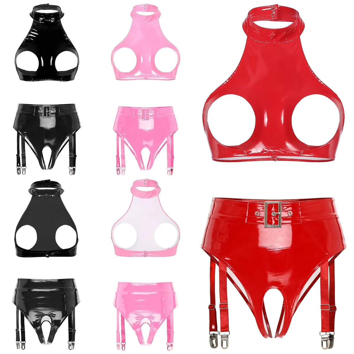 Womens Patent Leather Lingerie Set Wet Look Halter Open Bust Crop Tops with Open Crotch Garter Underwear Sexy Nightwear Clubwear