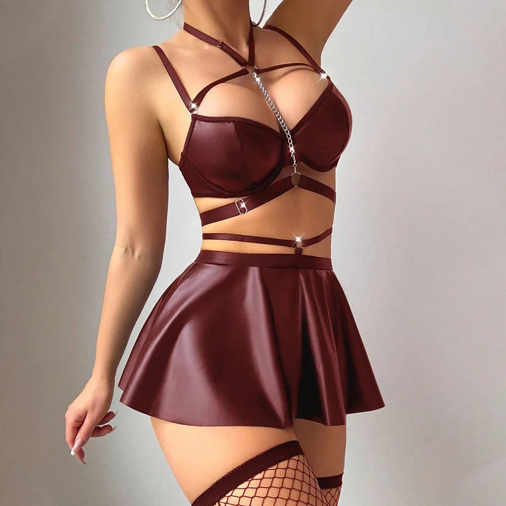 Sexy Metal Chain PU Leather Lingerie Set Women Bra Skirt Garter Belt Crotchles Panties Erotic Role Play Halloween Costume Outfit