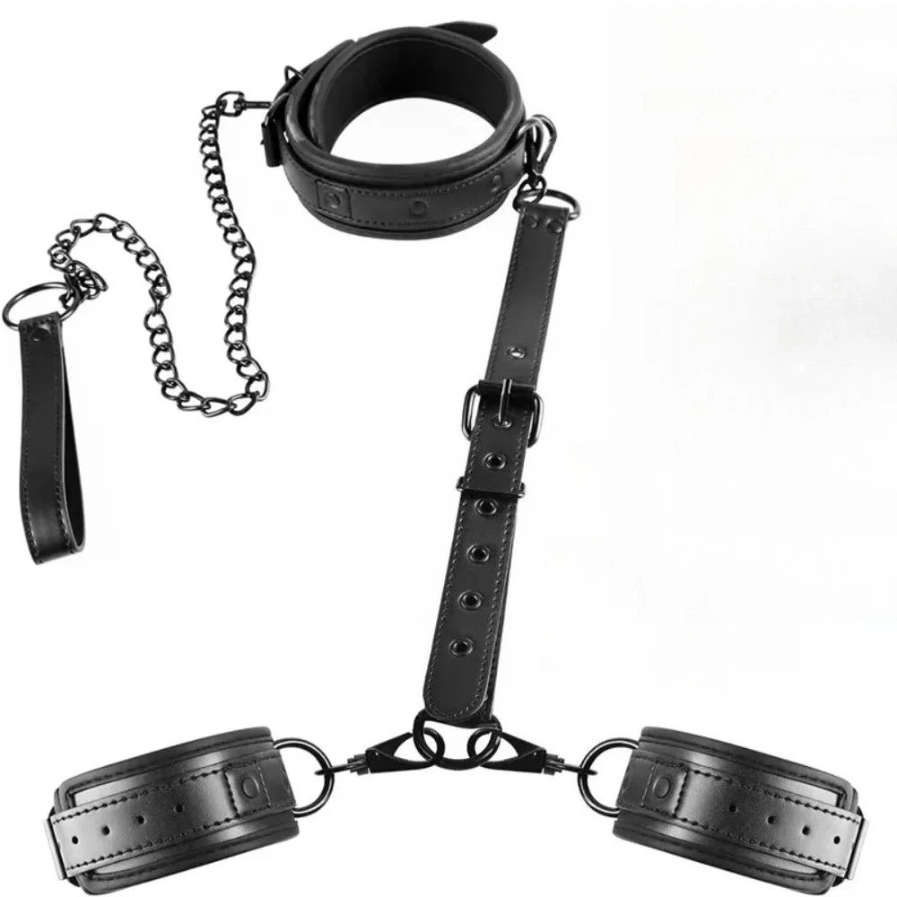 Neck to Wrist BDSM Bondage Sex Restraints Kit Couples Sex Toys Bondage Set With Chain Leash Back Handcuff Collar Slave Role Play