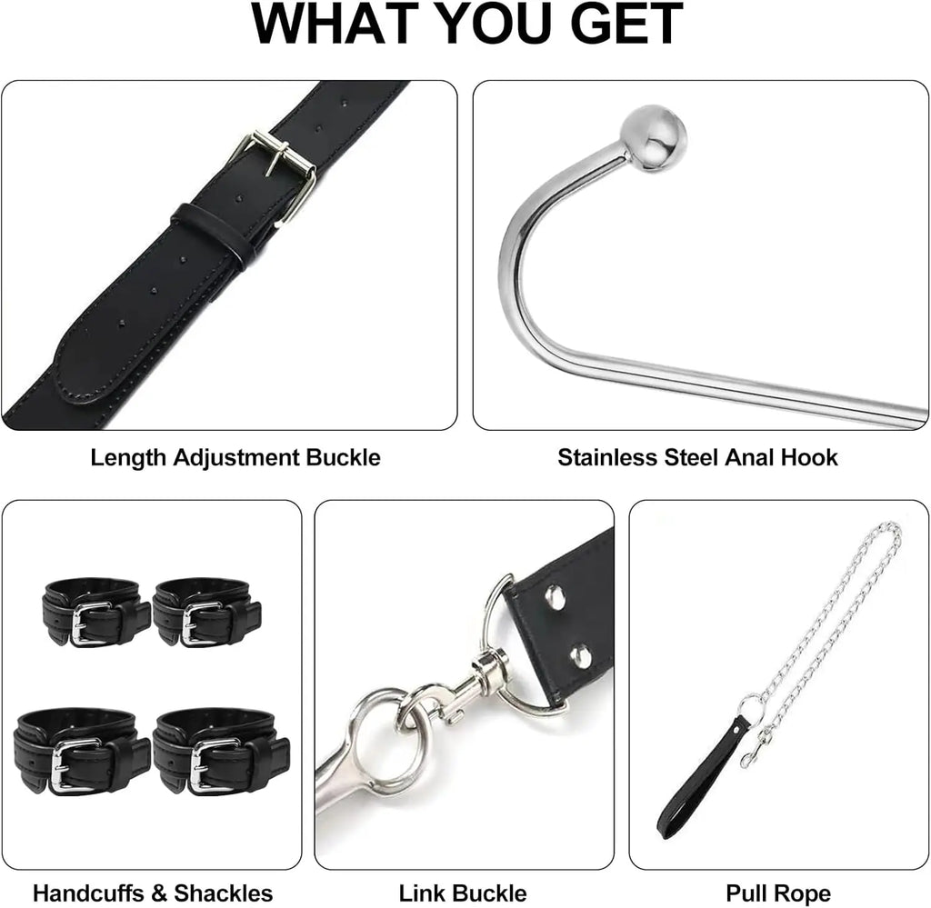 Anal Hook Sex Bondage BDSM Kit Bed Restraints Set with Traction Chain Slave Straps with Handcuff Collar Ankle Cuffs SM Game Play