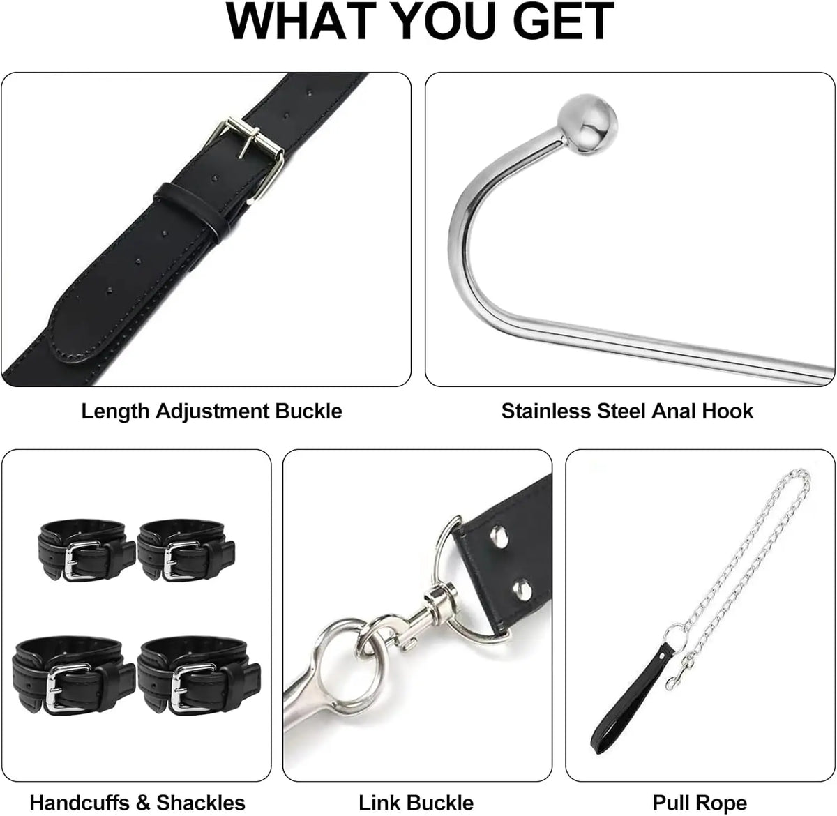 Anal Hook Sex Bondage BDSM Kit Bed Restraints Set with Traction Chain Slave Straps with Handcuff Collar Ankle Cuffs SM Game Play