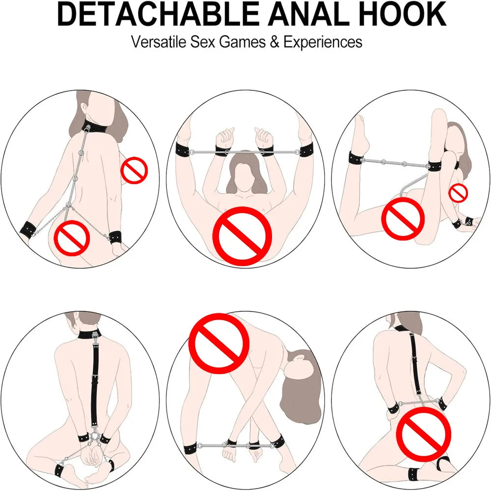 Anal Hook Sex Bondage BDSM Kit Bed Restraints Set with Traction Chain Slave Straps with Handcuff Collar Ankle Cuffs SM Game Play