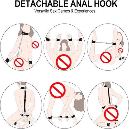 Anal Hook Sex Bondage BDSM Kit Bed Restraints Set with Traction Chain Slave Straps with Handcuff Collar Ankle Cuffs SM Game Play