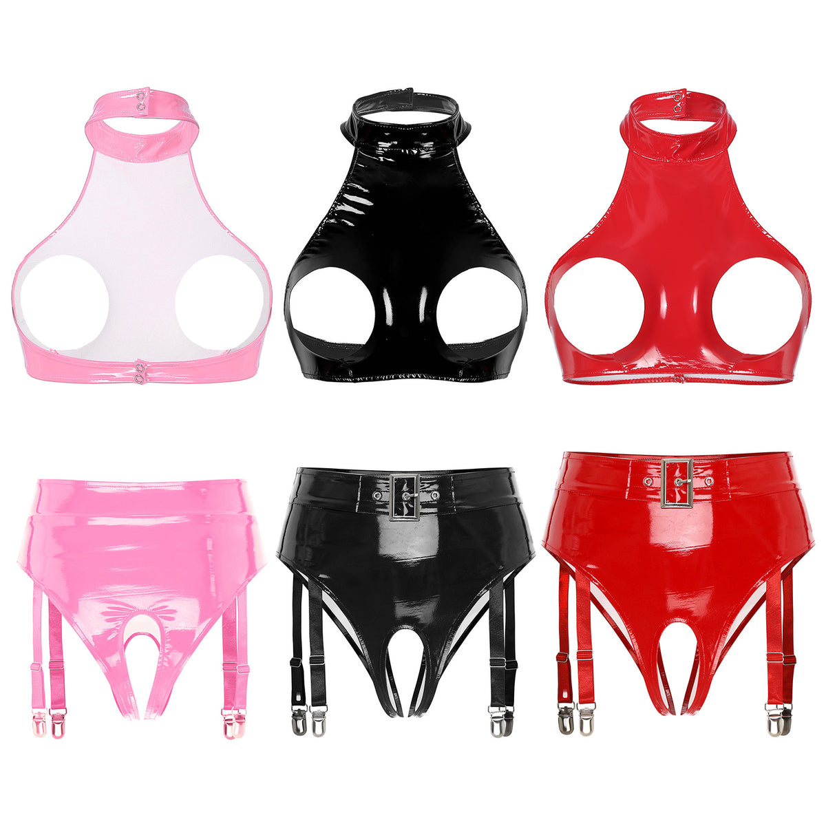 Womens Patent Leather Lingerie Set Wet Look Halter Open Bust Crop Tops with Open Crotch Garter Underwear Sexy Nightwear Clubwear