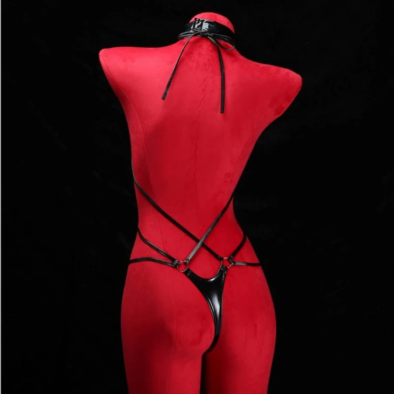 Black Patent Leather Strappy Bodysuit Sexy Crotchless Jumpsuit Harness Choker Wet Teddy Fetish Erotic Role Lingerie Set Hot New