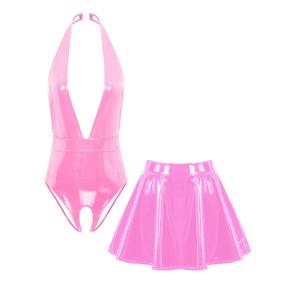 Sissy Women Leather Lingerie Set Halter Sleeveless Crotch Opening Bodysuit with Mini Skirt Set for Lingerie Tempting Nightwear