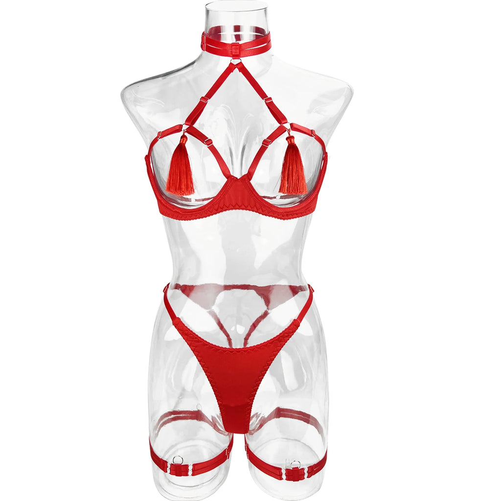 Ellolace Sensual Tassel Fetish Lingerie See Through Open Bra Bilizna Set Hot Sexy Intimate Naked Crotchless Panties Exotic Sets