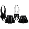 Sissy Women Leather Lingerie Set Halter Sleeveless Crotch Opening Bodysuit with Mini Skirt Set for Lingerie Tempting Nightwear