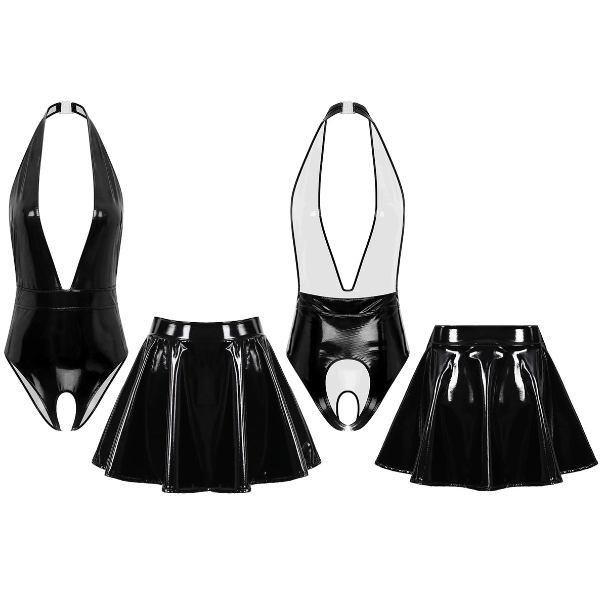 Sissy Women Leather Lingerie Set Halter Sleeveless Crotch Opening Bodysuit with Mini Skirt Set for Lingerie Tempting Nightwear