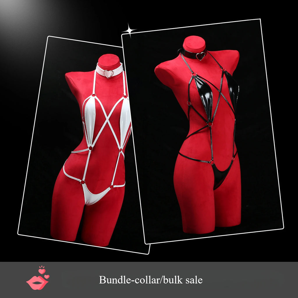 Black Patent Leather Strappy Bodysuit Sexy Crotchless Jumpsuit Harness Choker Wet Teddy Fetish Erotic Role Lingerie Set Hot New